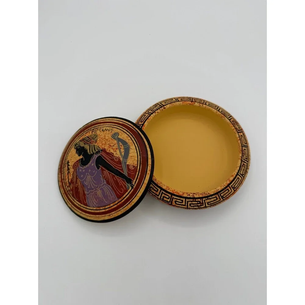 Vintage Greek Artemis ΑΡΤΕΜΙΣ Lidded Trinket Dish Bowl Greek Key